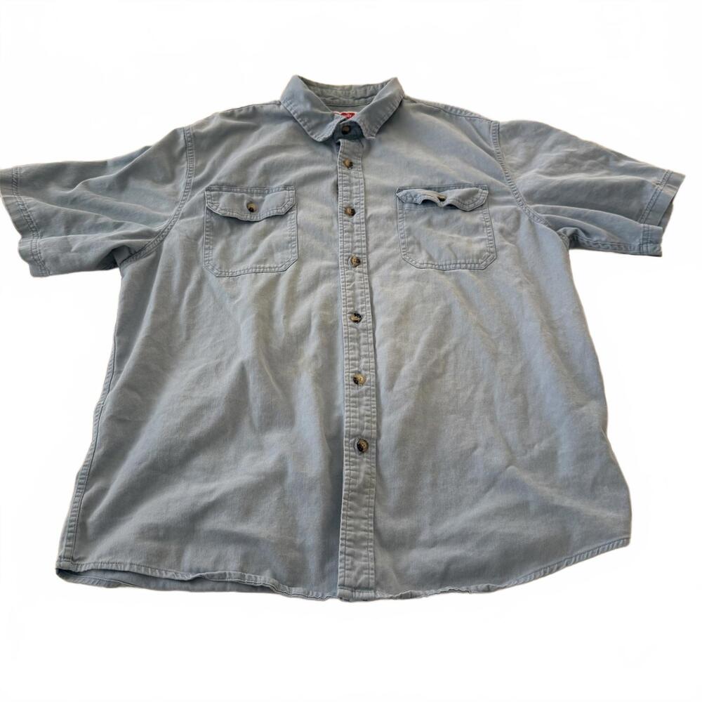 Wrangler Button Up Shirt Mens L Blue Workwear Short Sleeve Western Casual
